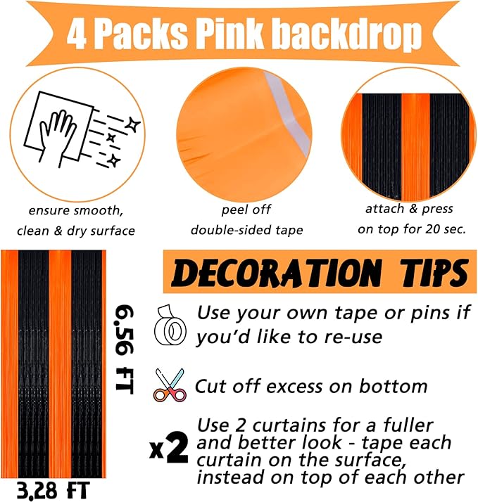4 Pack Black Orange Fringe Curtain Backdrop, 3.2Ft x 6.6Ft Metallic Tinsel Foil Fringe Streamers Curtains Background for Photo Booth Birthday Baby Shower Party Thanksgiving Christmas Decorations