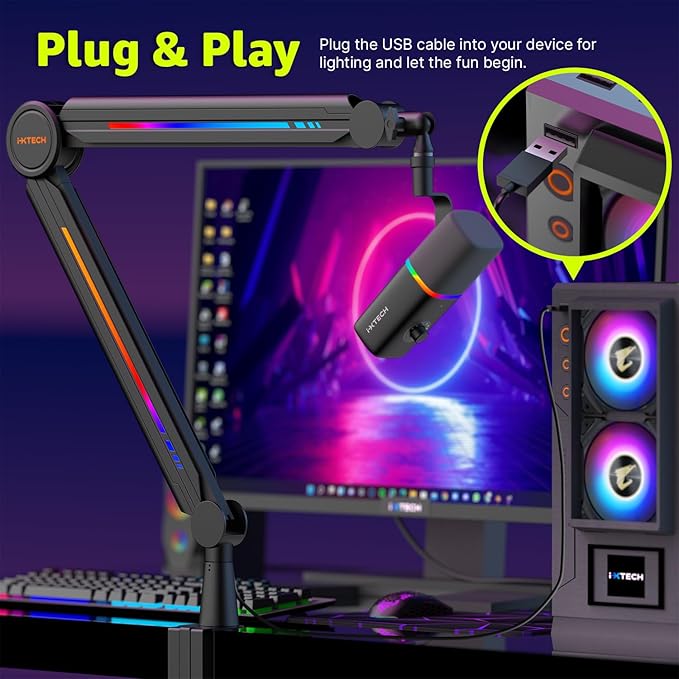 IXTECH RGB Mic Boom Arm High Profile, Overhead Boom Arm Microphone Stand Desk Mount, Adjustable Microphone Stand with Desk Mount, Mic Arm for Live Streaming Gaming Podcasting Recording.