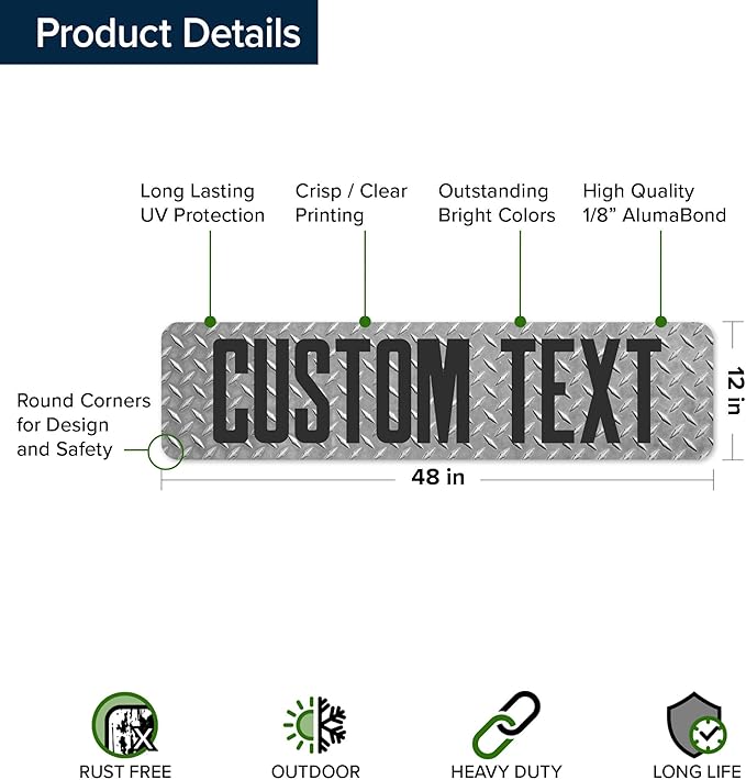 Custom Sign, Custom Street Sign, 11 Font Colors, 13 Font Styles, 4 Hole Options, 22 Sizes, 12x48 Inches, Rust Free DiBound, Fade Resistant, Made in USA by My Sign Center (Diamond Metal)