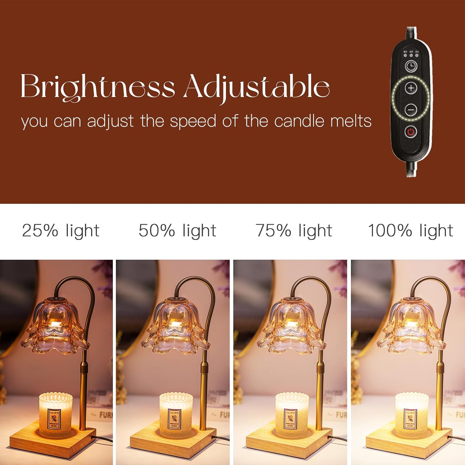 Candeldo Candle Warmer Lamp with Timer, Gold Flower Glass Shade | Height Adjustable, Dimmable, Fits 3-Wick Candles and Wax Melts, Ideal for Bedroom Decor, Birthday Gifts for Women