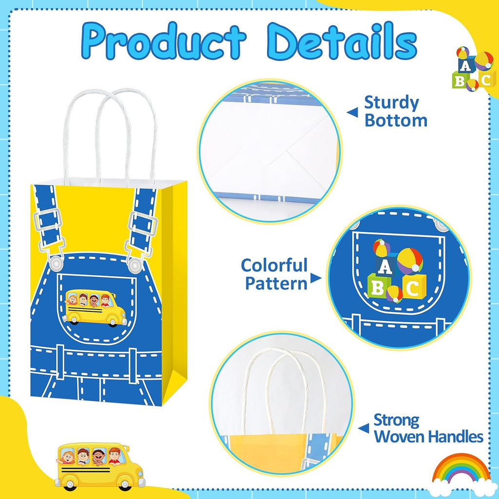 24Pcs English Teacher Party Gift Bags Cartoon Teacher Birthday Party Decorations Supplies Cartoon Girls Fans Treat Bag Rainbow ABC Bus Paper Goodie Bags with Handles for Kids Birthday Classroom Decor