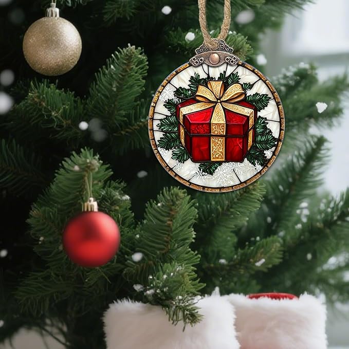 Stained Glass Christmas Decorations, Red Gift Gold Ribbon Suncatcher for Window Christmas Tree Hanging Ornaments Retro White Sun Catcher Xmas Decor Gifts for Women Men Mom Nana Friend