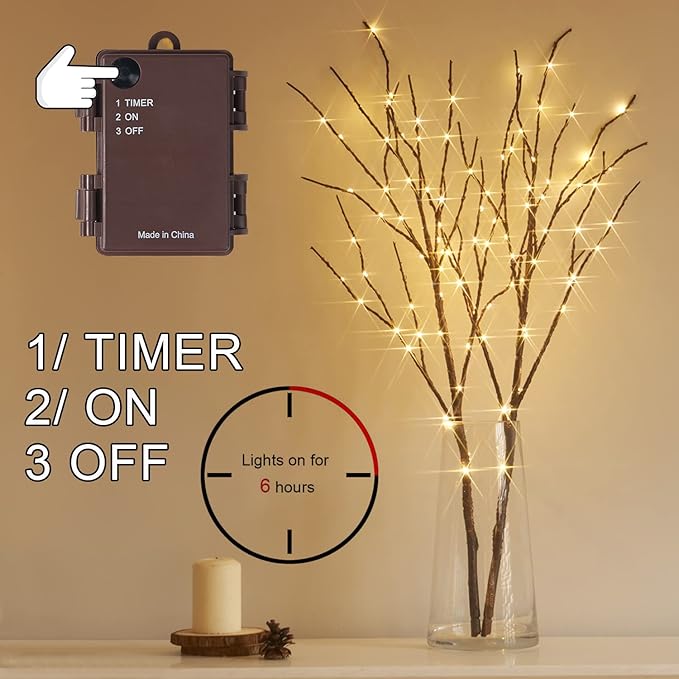 Fudios Lighted Brown Branches with Timer 32 in 100 LED for Vases Battery Operated, Artificial Willow Branch Twigs with Warm White Lights for Christmas Holiday Party Decor