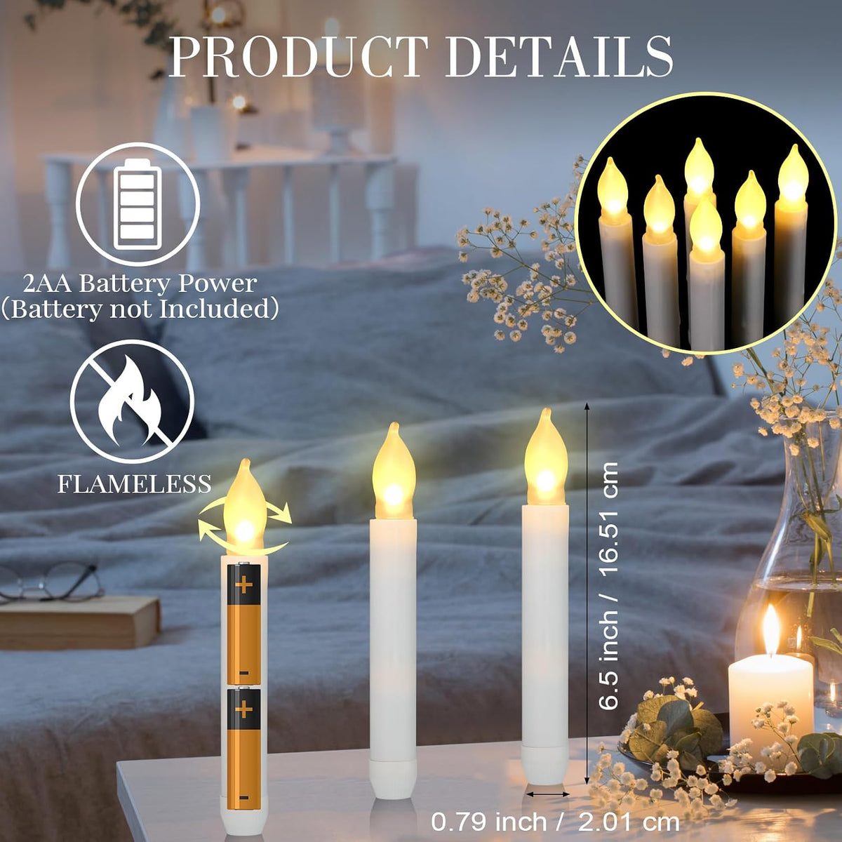 Macarrie 108 Pieces Flameless LED Taper Candles, White, Warm White Light