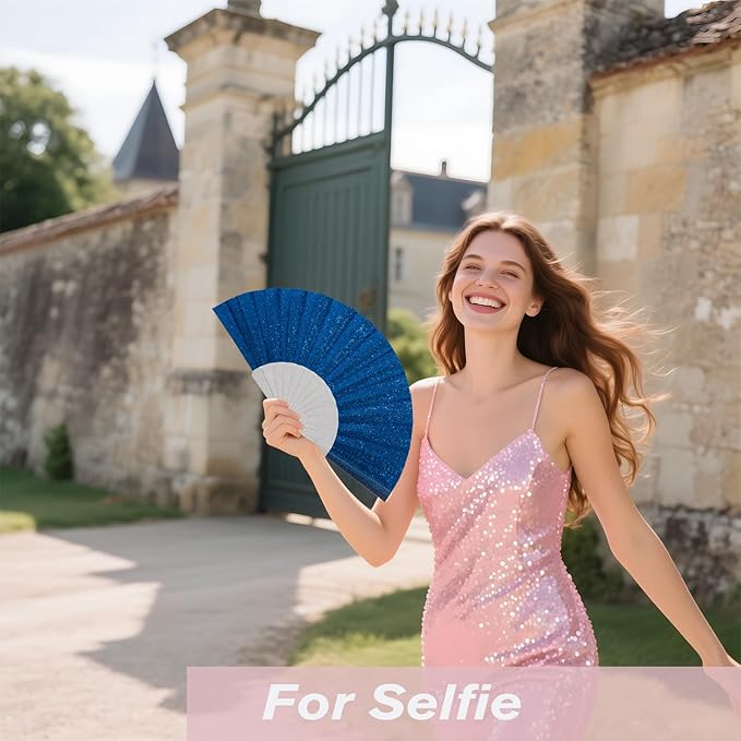 24 Pack Handheld Fan,Folding Hand Glitter fan with Shining Transparent Fan Rib – Ideal for Wedding, Church, Festival, Dance, Tea Party, Club, and EDM Accessories, Royal blue