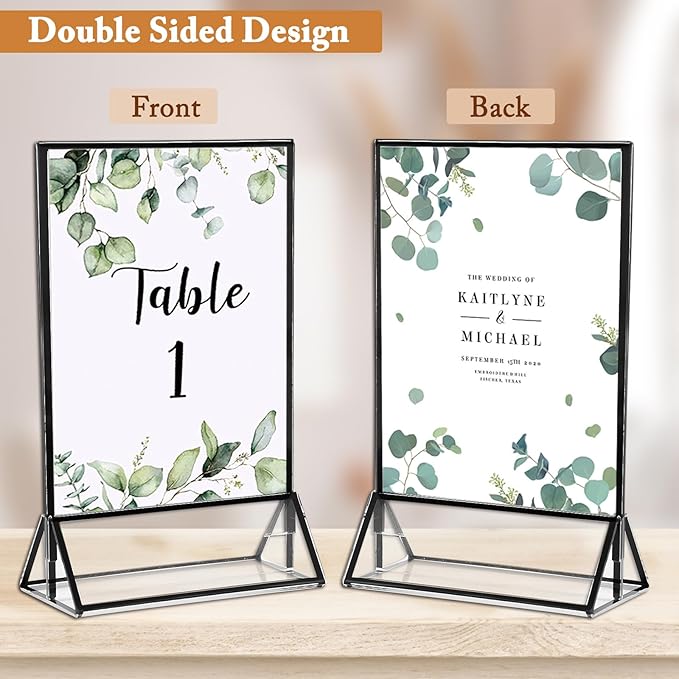 Floroom 12 Pack 5x7 Inch Clear Acrylic Sign Holders, Double-Sided Black Display Stand Picture Frames for Table Numbers, Menus, Flyers, Weddings, and Offices