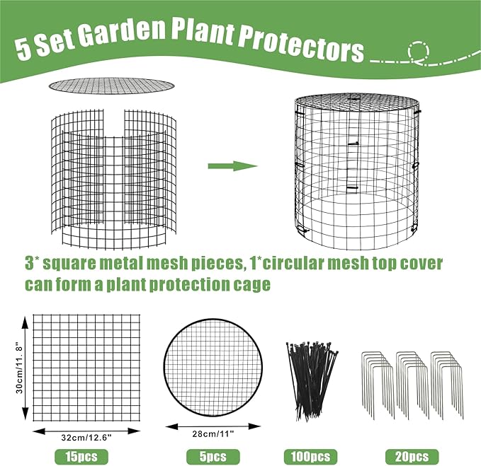 5 Packs Garden Plant Protectors from Animals,Metal Plant Cage Chicken Wire Cloche with Ground Stakes and Nylon Tie,Garden Plant Protectors for Flower Vegetable to Keep Animals Out-11.8"x 12.6"