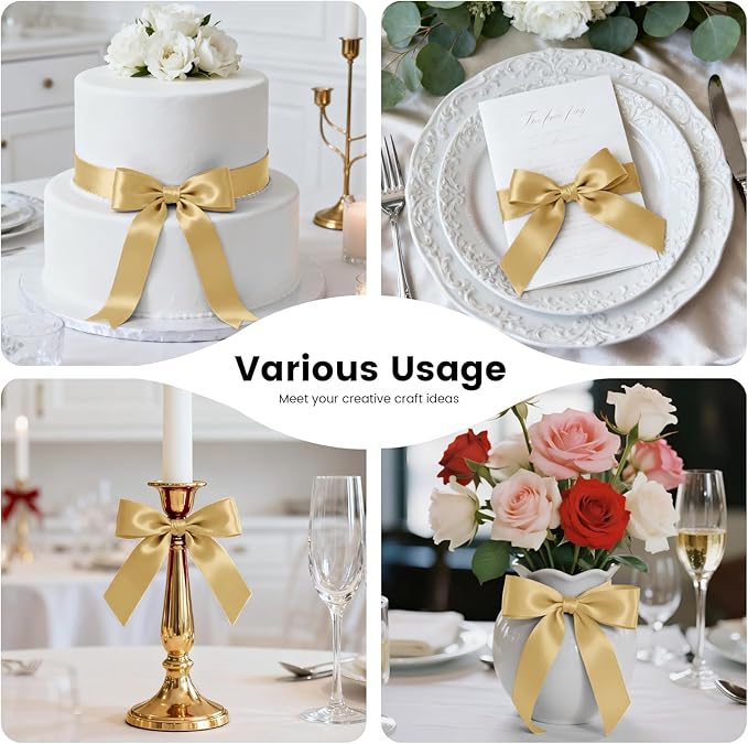 1-1/2 Inch 100 Yards Satin Ribbon Light Gold, Solid Color Fabric Ribbon for Gift Wrapping, Wedding, Polyester Gift Ribbon for Birthday Party Decoration, Craft, Hair, Floral, Sewing