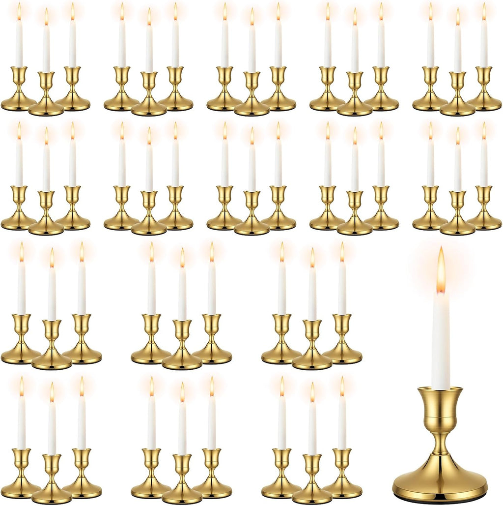 48 Pack Brass Gold Taper Candle Holders Set - Vintage Metal Candlestick Holders Set Candle Holder for Table Centerpiece, Wedding Reception, Festive Christmas Mantel Decoration or Home Decor Gold