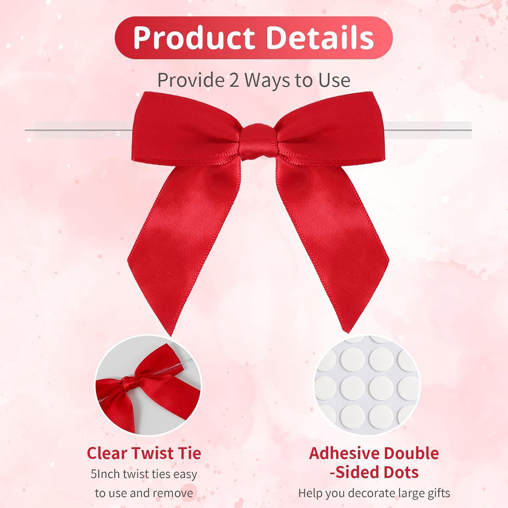 50Pcs Red Twist Tie Bows, 3.5'' Pre-Tied Satin Ribbon Small Red Bows for Gift Wrapping Treat Bags Crafts, Mini Bows Garland for Wedding,Birthday Party,Bridal Shower, Thanksgiving,Christmas Gifts