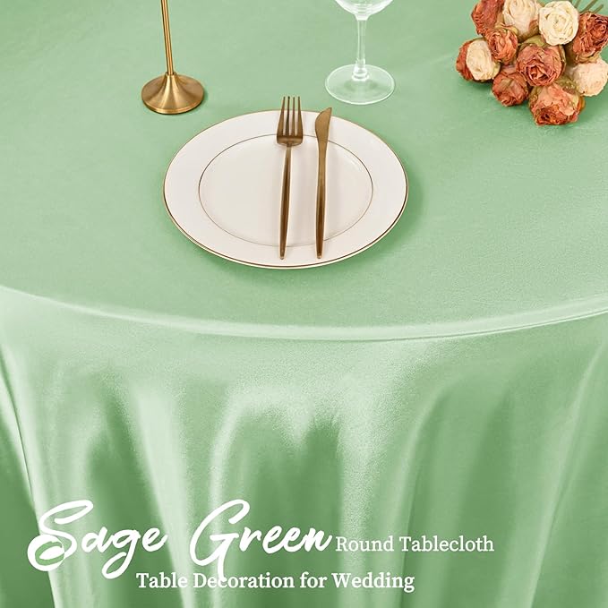 fani 12 Pack 108 Inch Sage Green Satin Tablecloth - Silky Round Tablecloth Overlay Smooth Fabric Table Cover, Bright Table Decoration for Wedding Party Banquet Events Restaurant Kitchen Dining