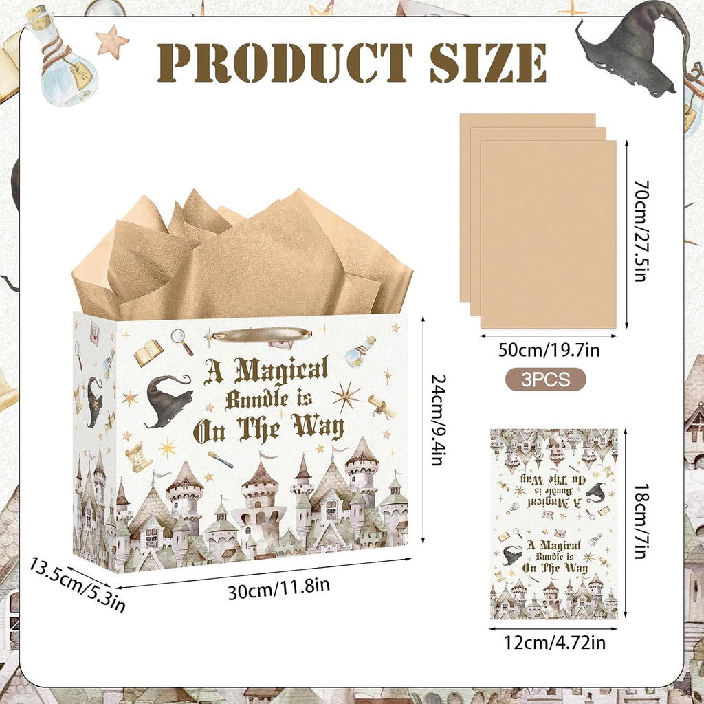 Magical Wizard Baby Shower Birthday Gift Bag for Baby Girls A Magical Bundle is On The Way Bag with Wrapping Paper Card Large Castle Witch Gift Bag for Halloween Baby Shower Birthday Party Supplies
