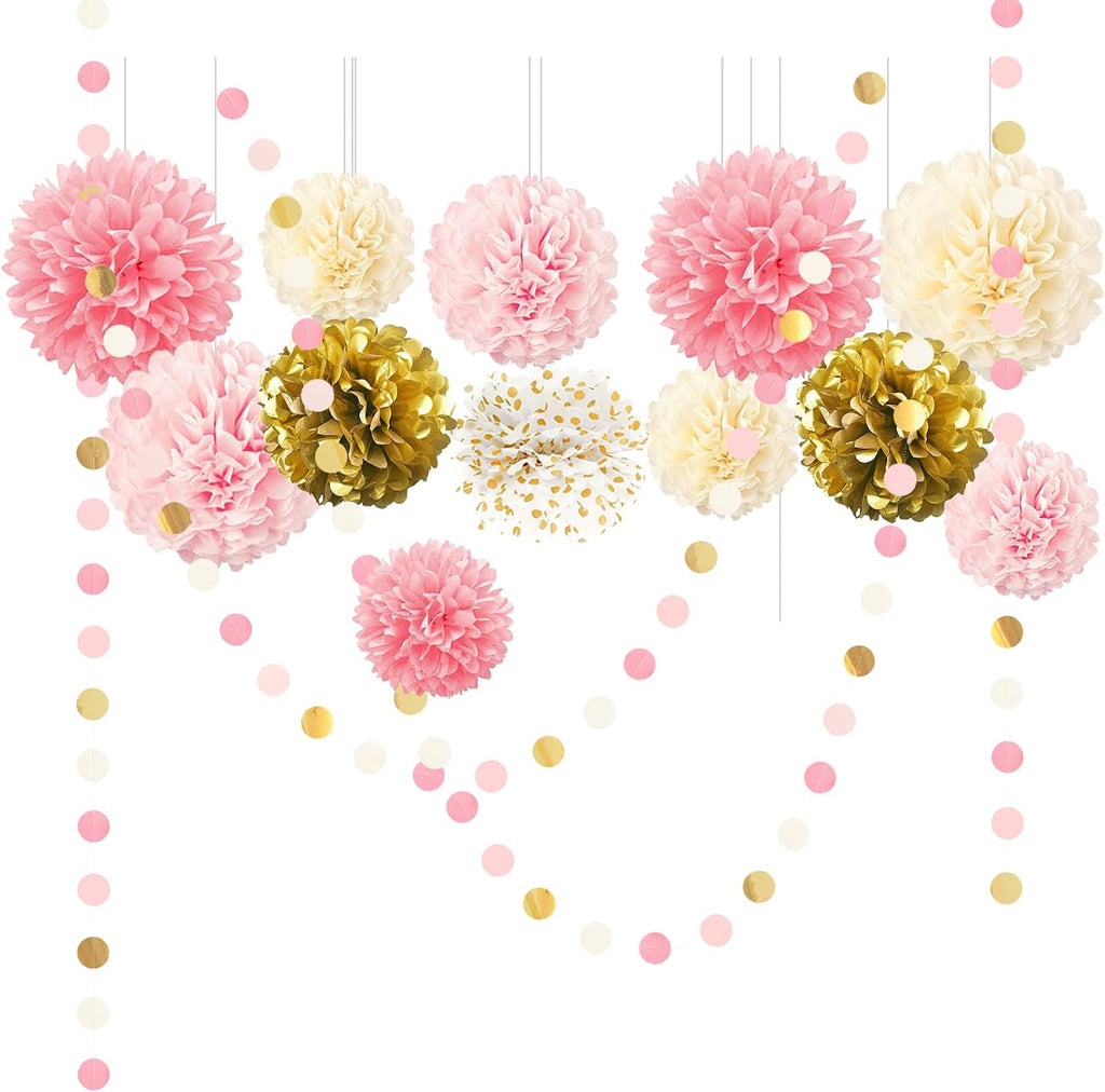 AOBKIAT Wedding Baby Shower Decorations Set,15PCS Pink Gold for Girls Women | with Tissue Paper Pom Poms,Colorful Garland String Hanging Backdrop for Birthday,Bridal Shower,Gender Reveal Celebration
