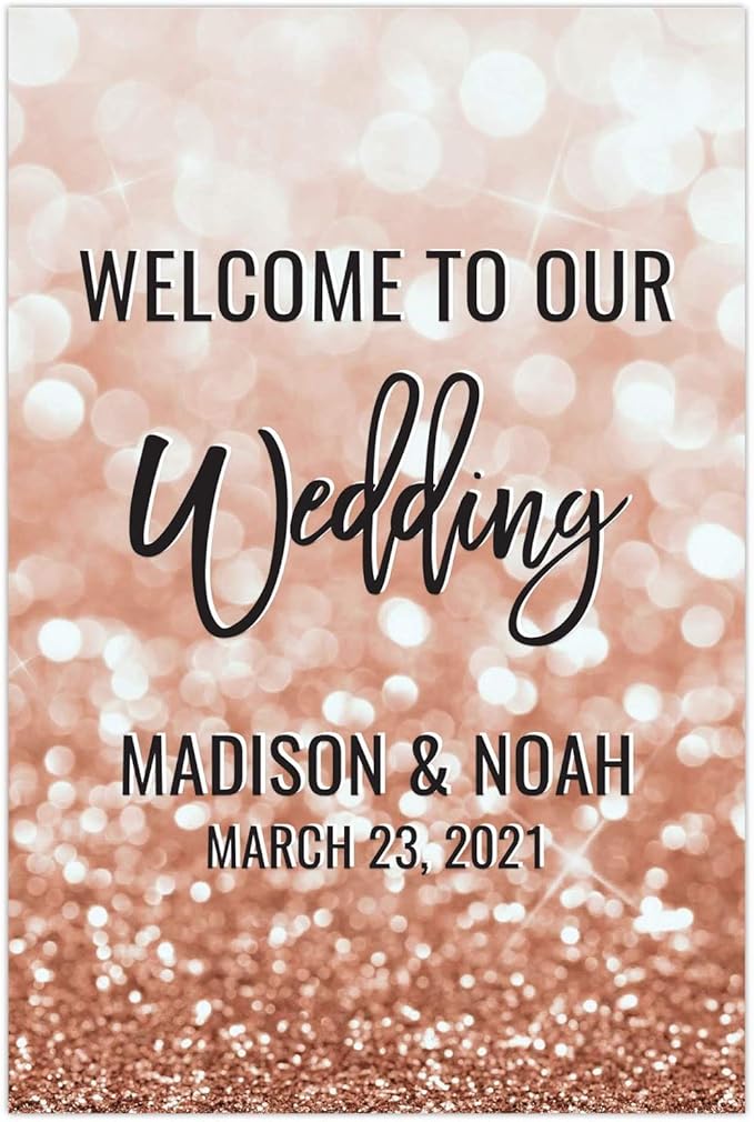 Andaz Press Personalized Extra Large Wedding Easel Board Party Sign, 12x18-inch, Glitzy Faux Rose Gold Glitter, Welcome to Our Wedding Bride Groom Name Date, 1-Pack, Custom