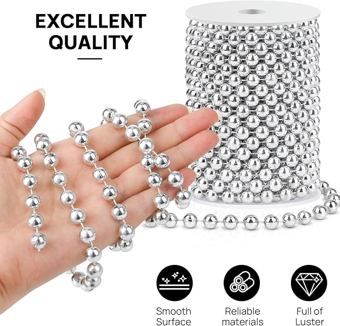 Craft String Pearls 10MM Pearl Bead, 33 Feet Silver Faux Pearl Garland Spool Roll Strand Wedding Party Decoration, Christmas Tree Decorations