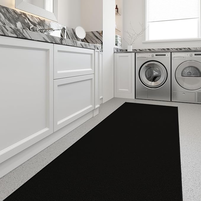 Ottomanson 3x20 Non Slip Extra Long Hallway Runner Rug with Rubber Backing - Solid Modern Kitchen Rug for Bedroom or Living Room, Black, 2'7" x 20'