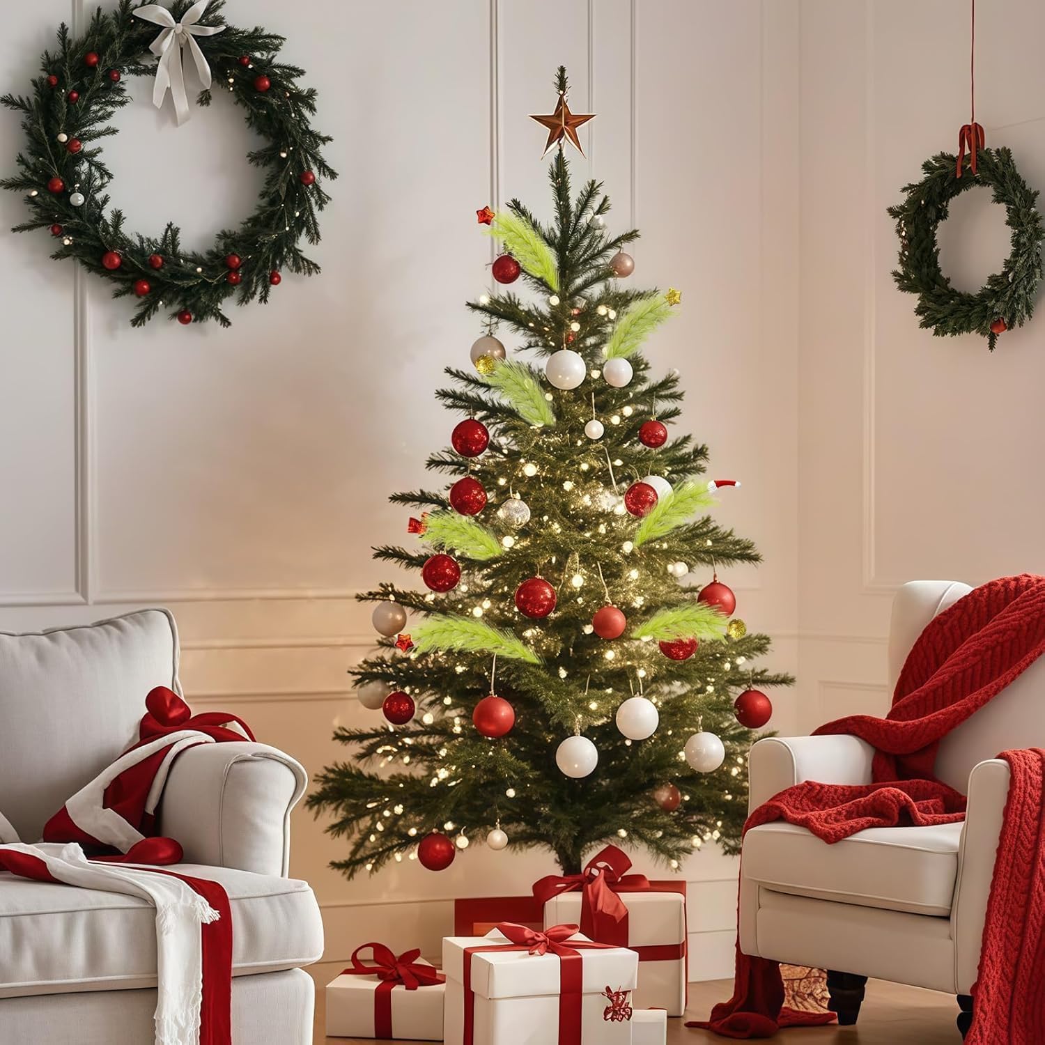 15.7 Inch Christmas Tree Topper with 12 Pcs Green & Red Picks - Fluffy Pampas Grass Xmas Decor for Tree, Vase Fillers, Holiday Party & Home Decorations
