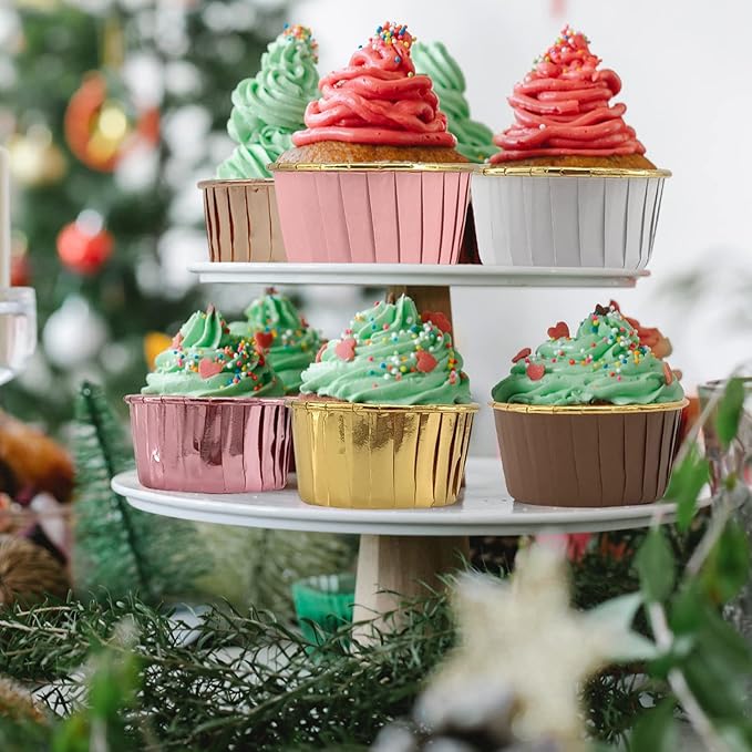 Muffin Cups with Lids 100Pack,Free-Air 3.5Oz Foil Cupcake Liners,Mini Muffin Liners Cupcake Baking Cups,Disposable Muffin Tins Cupcake Wrappers,with Spoons-Brown in gold