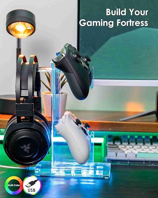 OAPRIRE Headset and Controller Stand with Lights, 2 Tier Acrylic Game Controller Holder, Controller and Headset Stand for Desktop,Universal Design Compatible with PS5/PS4/XBOX/SWITCH (Clear)