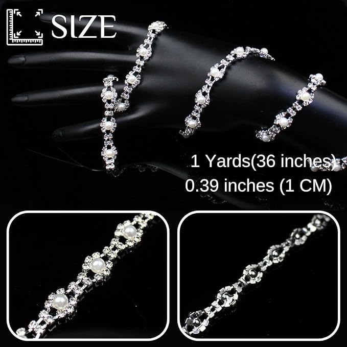 1 Yard Pearl Rhinestone Trim Chain Silver String Crystal Applique Fringe Ribbon Strips Beads Sewing Dress DIY Party Wedding Bouquet for Decoration Bridal Costume Embellishment