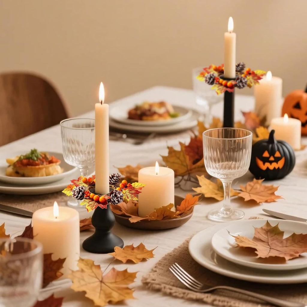 6 PCS Fall Taper Candle Rings 1.38" Mini Thanksgiving Taper Candle Holder Wreaths with Maple Leaves Pine Cones Berries Autumn Harvest Table Centerpieces Decor for Candlesticks Farmhouse Home Decor