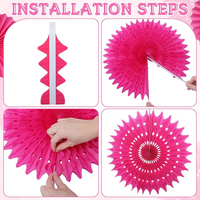 Outus 12 Pcs Hanging Honeycomb Paper Fans Sets, Fiesta Pink and Orange Party Decorations, Tissue Paper Flowers Supplies for Birthday Wall Classroom Wedding Bridal Photo Backdrop (14/10/6 Inch)