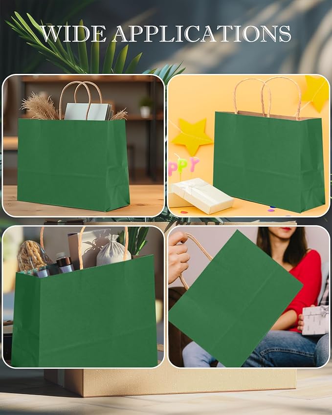 qiqee 100PCS Large Gift Bag with Handles Bulk 13"x4.5"x10" Gift Bags Kraft Deep Green Multiple Uses (32x11x25cm,Wide Large)