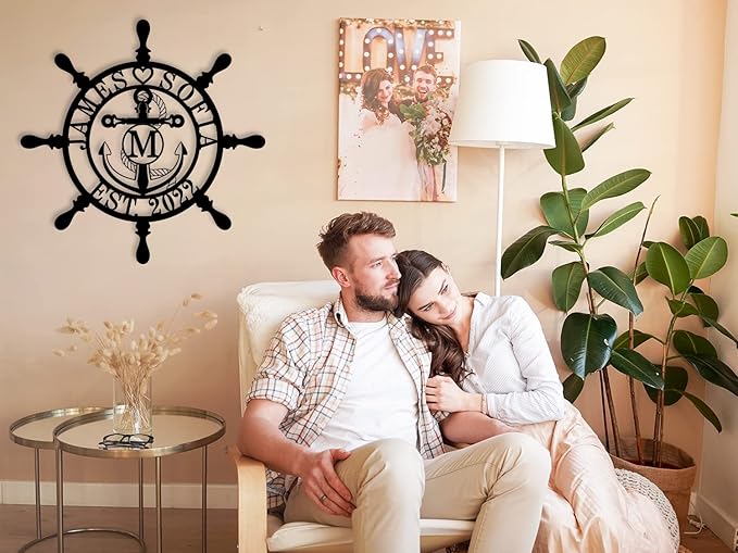 Personalized Ship Wheel Metal Sign, Customized Nautical Wall Decor, Anchor Compass Metal Sign, Family Name Sign, Monogram Wall Decor, Last Name Signs for Home, Housewarming Gift