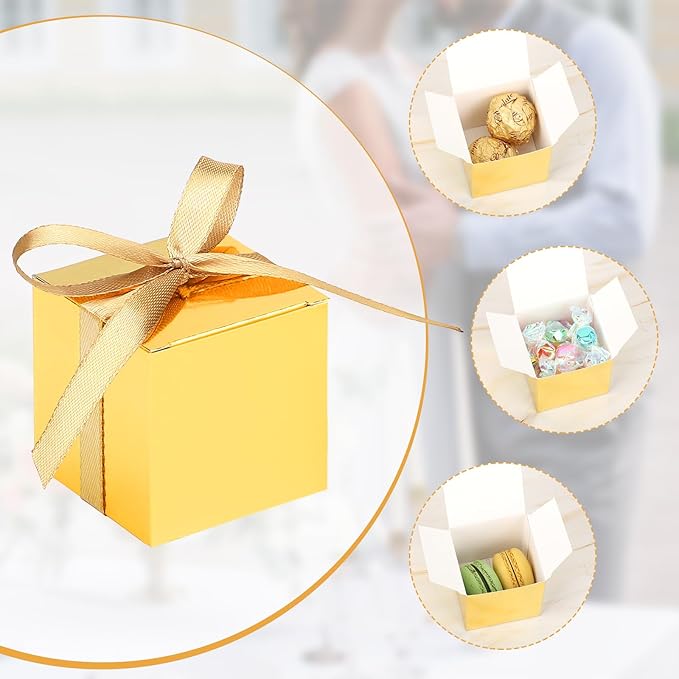 EUSOAR Small Gift Boxes with Lids, 60pcs 2x2x2 Inches Gold Candy Boxes Party Favor Box with Ribbons, Cube Chocolate Box Mini Muffins Bags Macaron Container for Wedding Party Advent Calendar DIY