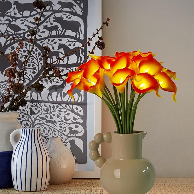 20pcs Artificial Calla Lily Bouquet Lamp Faux Floarl Night Light Real Touch Flower Night Lamp LED Calla Lily Artificial Flower Light for Christmas Gifts Home Kitchen Decor(Orange)