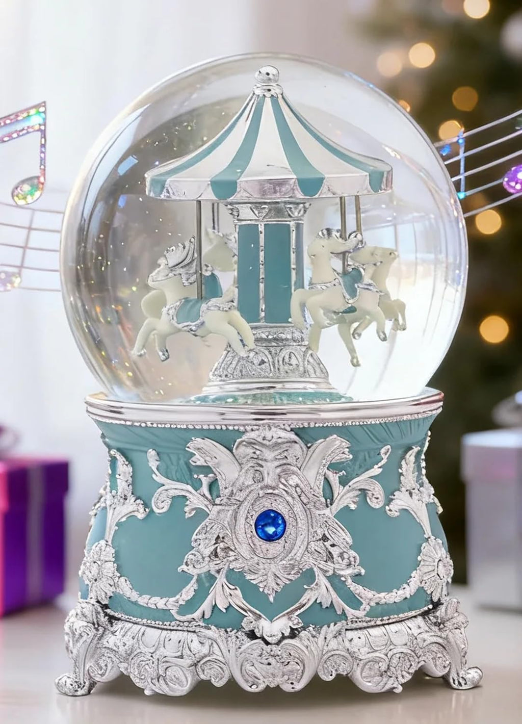 Reindeer Carousel Snow Globe Music Box - Wind Up Musical Christmas Valentines Day Ornament with Silver Blue Design, Romantic Indoor Christmas Decorations, Festive Gift for Couples, Kids & Adults