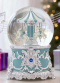 Reindeer Carousel Snow Globe Music Box - Wind Up Musical Christmas Valentines Day Ornament with Silver Blue Design, Romantic Indoor Christmas Decorations, Festive Gift for Couples, Kids & Adults