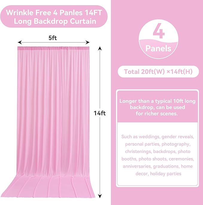 20ftx14FT Wrinkle Free Pink Backdrop Curtain, 4 Panels 14FT Height Pink Wedding Backdrop Drapes, Silky Polyester Back Drop Cloth for Birthday Photography Background Party Backdrop Draping