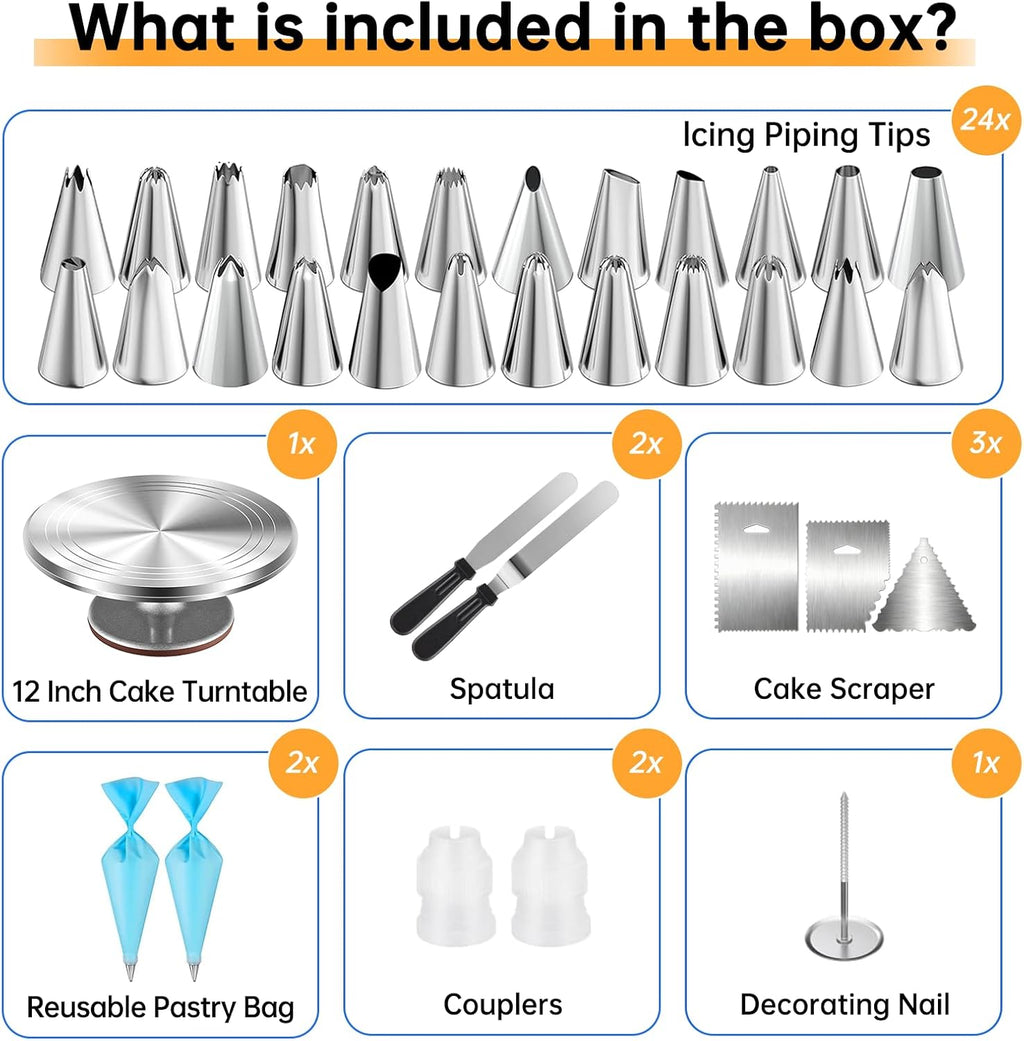 Cake Decorating Kit 35 Pieces - 24 Piping Tips Set with 12 Inch Turntable, Reusable Pastry Bag, Icing Spatula, Scraper, Couplers - Baking Tools for Beginners, Professional Cake Decorating Supplies