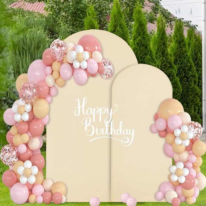 WEERRW Beige Arch Backdrop Cover Set of 2 Spandex Fitted Round Top Chiara Backdrop Stand Stretchy Wedding Covering for Event Birthday Party Banquet Decoration (6FT, 7.2FT)
