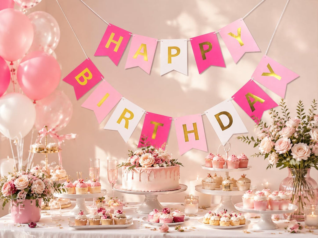 Letjolt Pink Rose White Happy Birthday Banner for Girls 13 Paper Flags | 13 flags with 2 satin ribbons easy indoor birthday decor for cake tables walls and photo backdrops