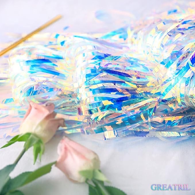 Iridescent Party Streamers Backdrop - GREATRIL Neon Transparent Holographic Tinsel Foil Fringe Curtain for Mermaid/Frozen/Sea/Euphoria/ERAS Party Theme Decorations 3.2ft x 6.5ft 2 PCS
