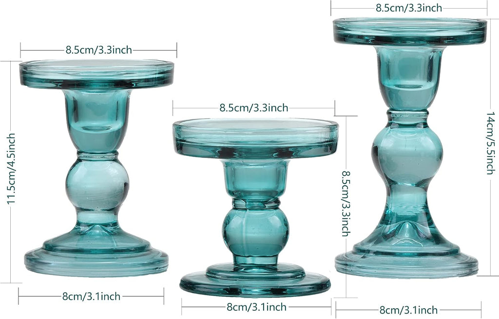 GMWD 3 Pcs Glass Candle Holder Set Clear, Green Candlesticks Holders Pillar Taper Candles Tealight Stand for Wedding Centerpieces Home Decorations Dining Table