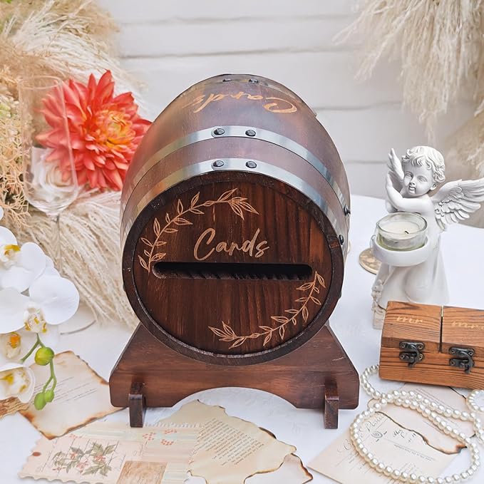 OurWarm Wooden Card Box for Wedding, Vintage Gift Card Box with Base, Whiskey Barrel Wedding Card Boxes for Reception Party Graduation Bridal Baby Shower Birthday Decoration