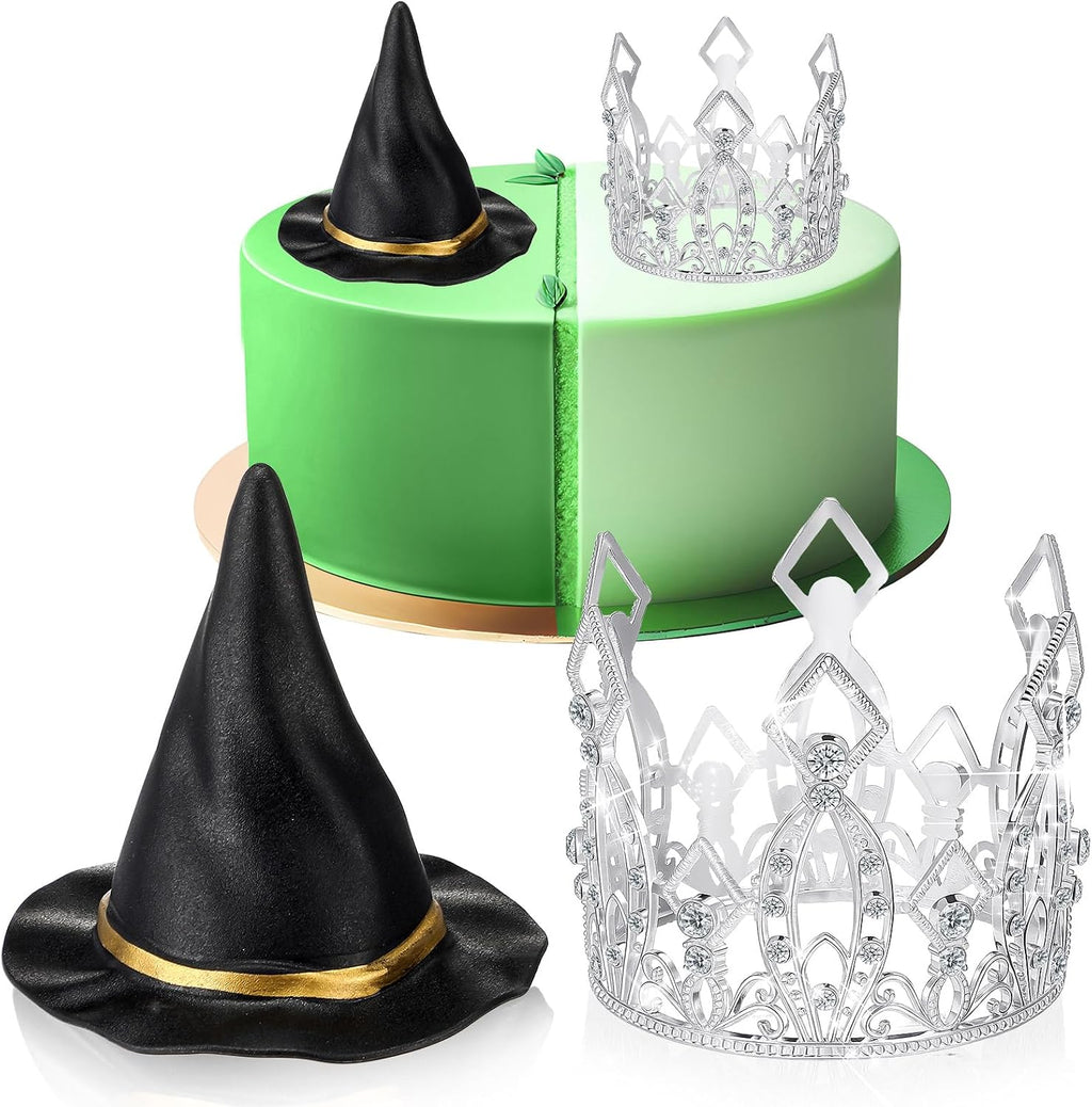 Reallnaive Witch Theme Party Cake Decoration Silver Crown Black Witch Hat Cake Topper Supplies for Movie Theme Party Princess Birthday Pink and Green Celebration Decoration(Rhombus Crown)