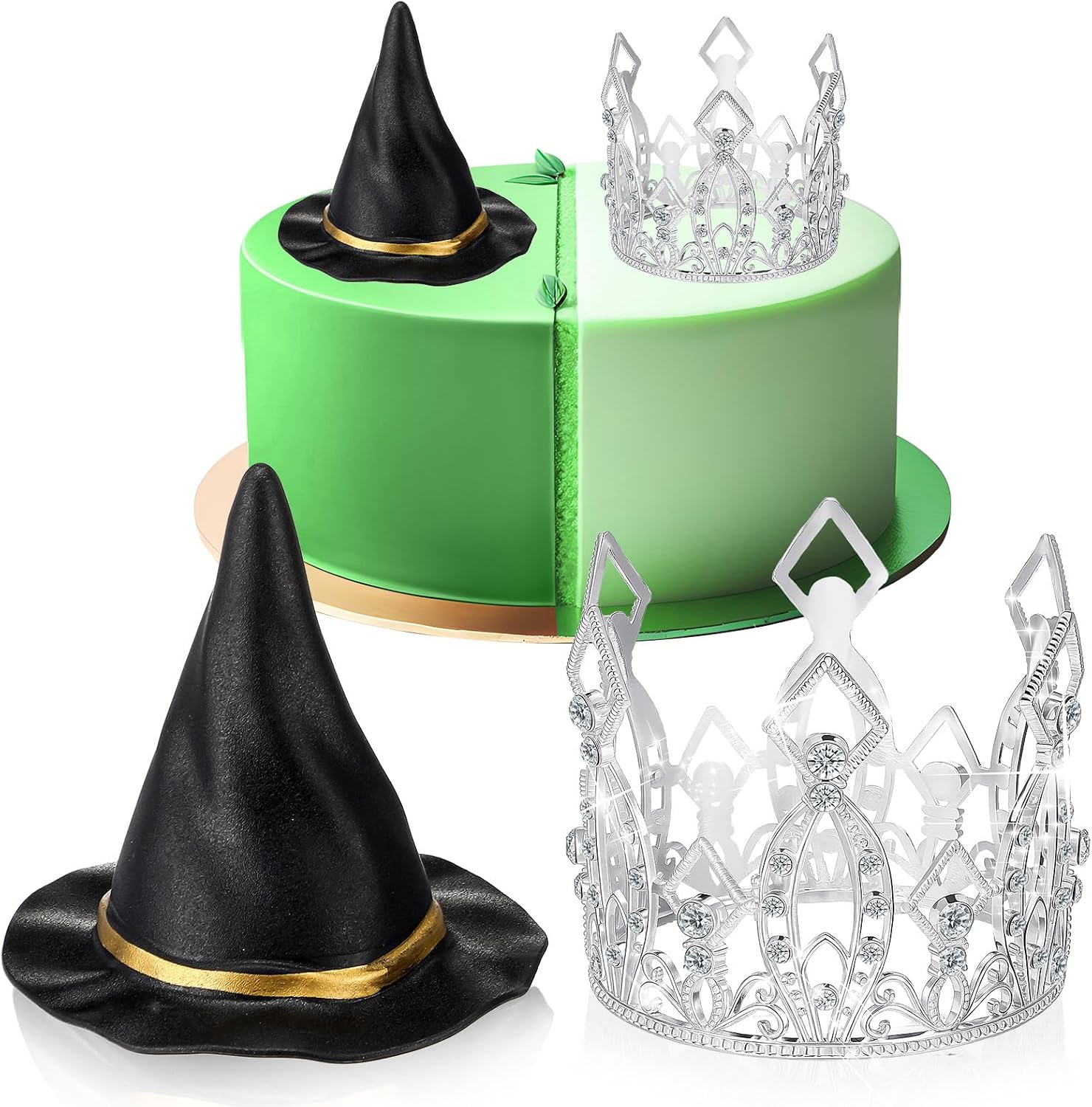 Reallnaive Witch Theme Party Cake Decoration Silver Crown Black Witch Hat Cake Topper Supplies for Movie Theme Party Princess Birthday Pink and Green Celebration Decoration(Rhombus Crown)