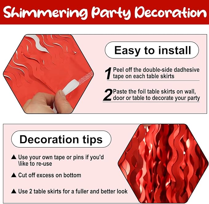 6 Pack 29 x108 Inch Red Wave Foil Fringe Table Skirts Metallic Banner for Tinsel Streamer Garland Backdrop for Parade Floats, Mother's Day, Easter, Wedding, Birthday Party Decoration