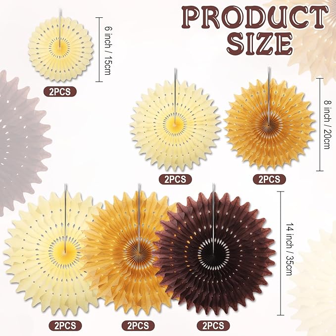 Outus 12 Pcs Hanging Honeycomb Paper Fans Sets, Fiesta Brown and Beige Party Decorations, Tissue Paper Flowers Supplies for Birthday Wall Classroom Wedding Bridal Photo Backdrop (14/8/6 Inch)