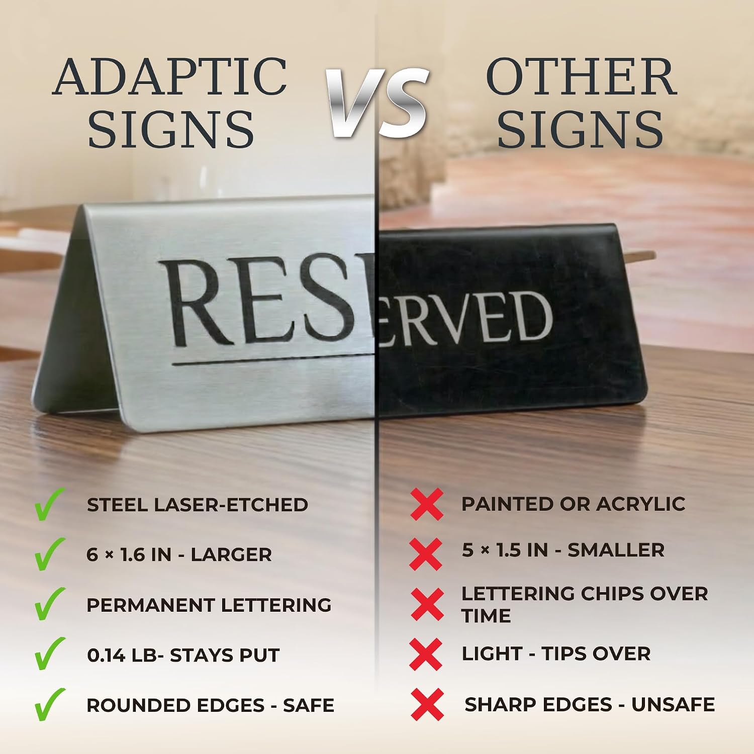 Reserved Table Signs Set of 6 | Raised Black Letters, Brushed Stainless Steel, Reusable Double-Sided | Reserved Seating Signs for Weddings, Restaurants, Church Pews, Events | 6×1.6 in