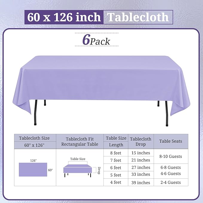 6 Pack Lavender Tablecloths for 8ft Rectangle Tables 60 x 126 Inch - Polyester Table Cover Stain and Wrinkle Resistant Washable Fabric Table Clothes for Wedding Party Banquet Reception Restaurant