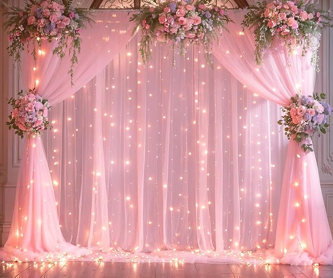 Pink Backdrop Curtains with Lights String for Baby Shower Girl Parties Sheer Tulle Backdrop Curtain Panels for Birthday Party Bridal Shower Photo Shoot Background Decorations 10×10ft (2 Panels 5×10ft)