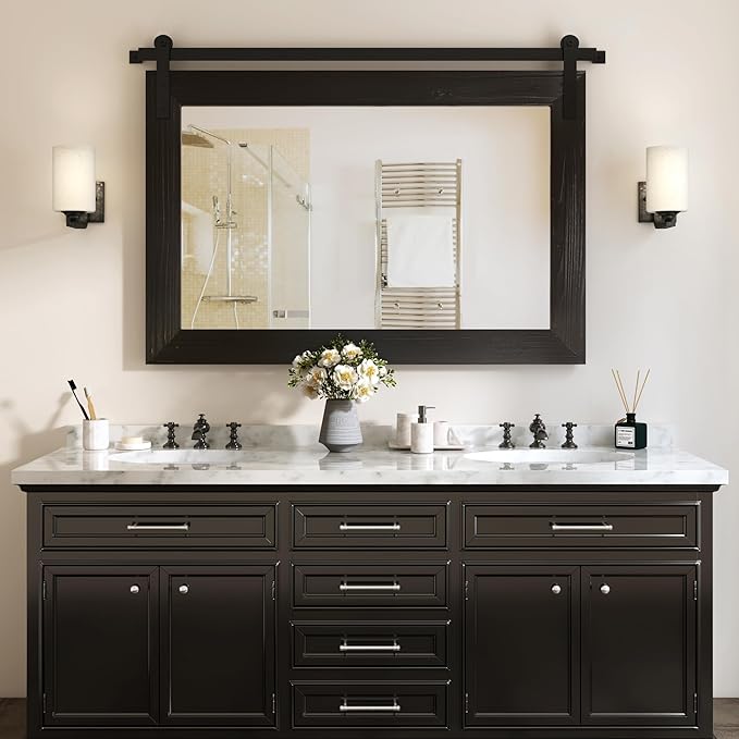 COGOOD Farmhouse Bathroom Mirror - 41" x 30" Rustic Barn Door Mirror for Living Room, Entryway, Bedroom, Vanity Wall Decor (Black)