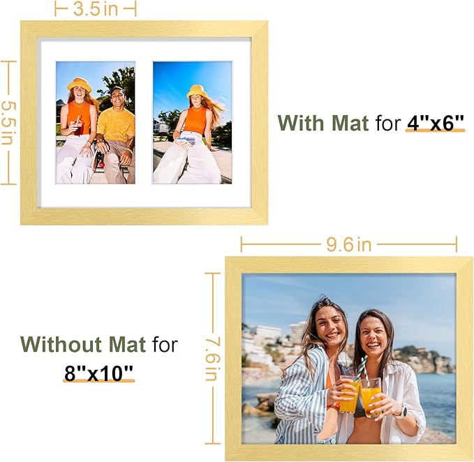 Vittanly 8x10 Collage Picture Frame, Displays 2Pcs 4x6 Pictures with Mat, Photo Frame for Wall Mounting or Table Top with Stand, Gold, 1 Pack
