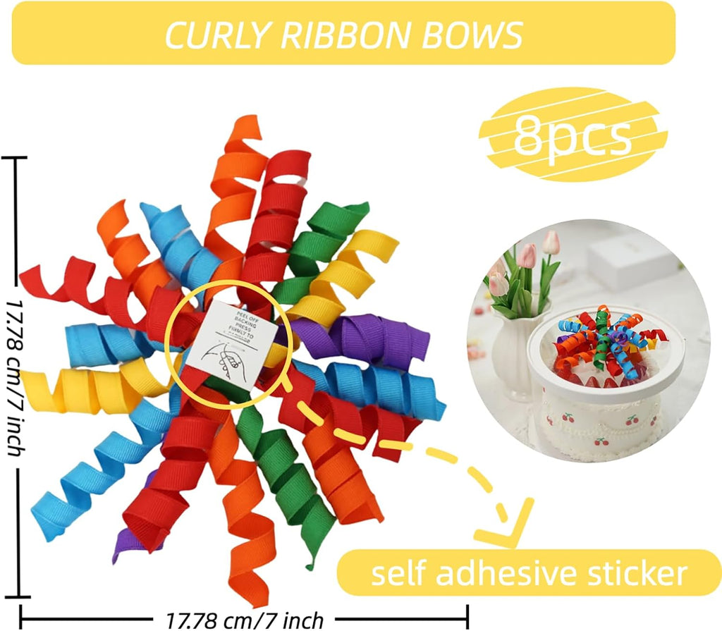 Lakkity Deep Rainbow Bows For Gift Wrapping,Curly Gift Bows,8PCS,7 inch Self-Adhesive Curly Ribbon Bows for Presents, Birthday, Wedding, Wrapping Accessories, Party Favors Decorations