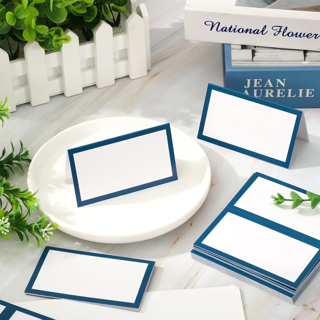 Whaline 100Pcs Navy Blue Place Cards 3.5 x 2 Inch White Blank Tented Cards Wedding Seating Card for Party Table Setting Supplies